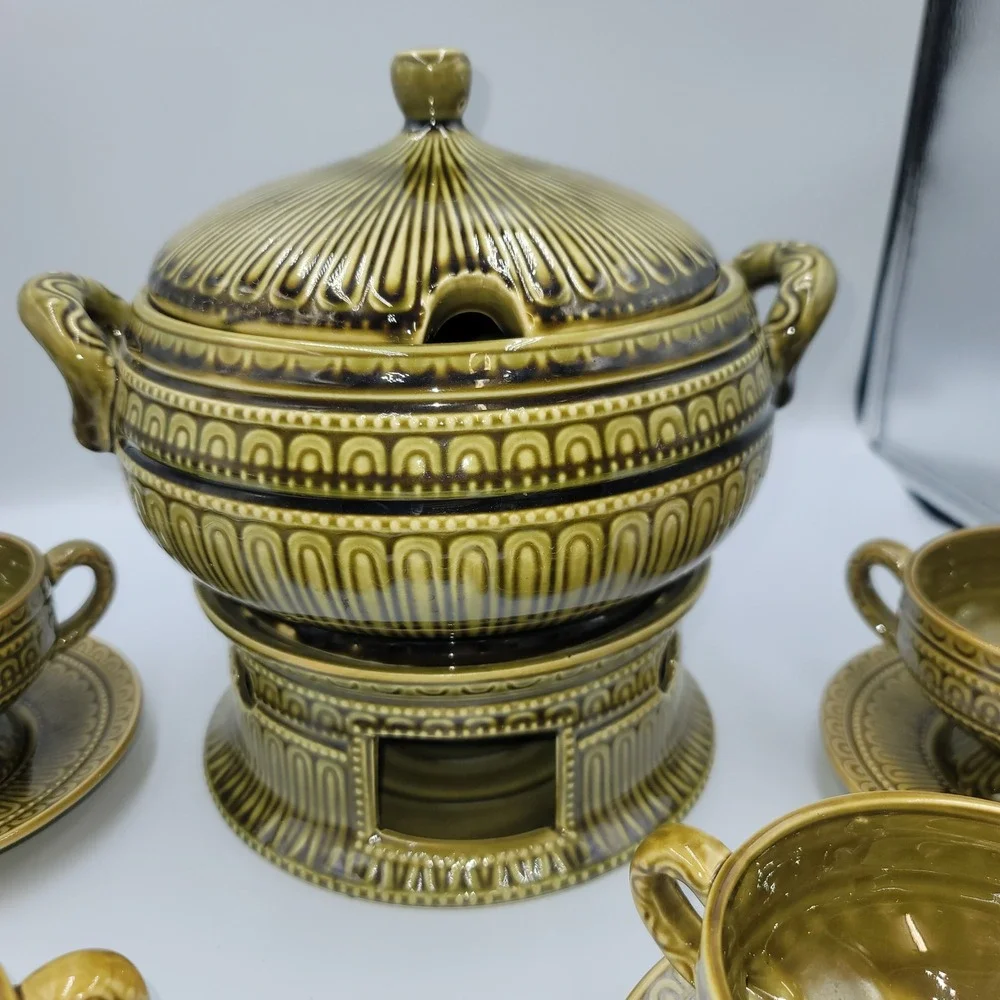 Vintage Olive Green Ceramic Soup Tureen Set with Warmer 4 Bowls and Saucers MCM